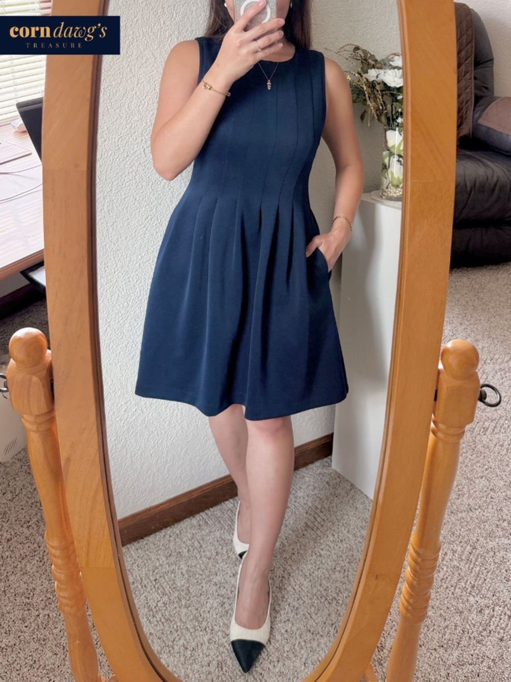 Vince Camuto Elegant Pintuck Pleated Flare Dress Navy Blue - Size 6